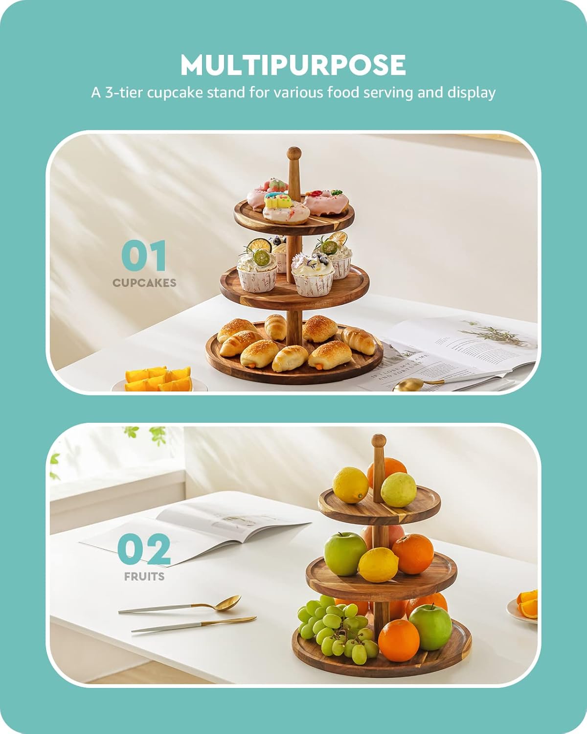 Baffect Cupcake Stand, 3-Tier Wooden Dessert Tower, Rustic Cookie Serving Trays for Party Decor