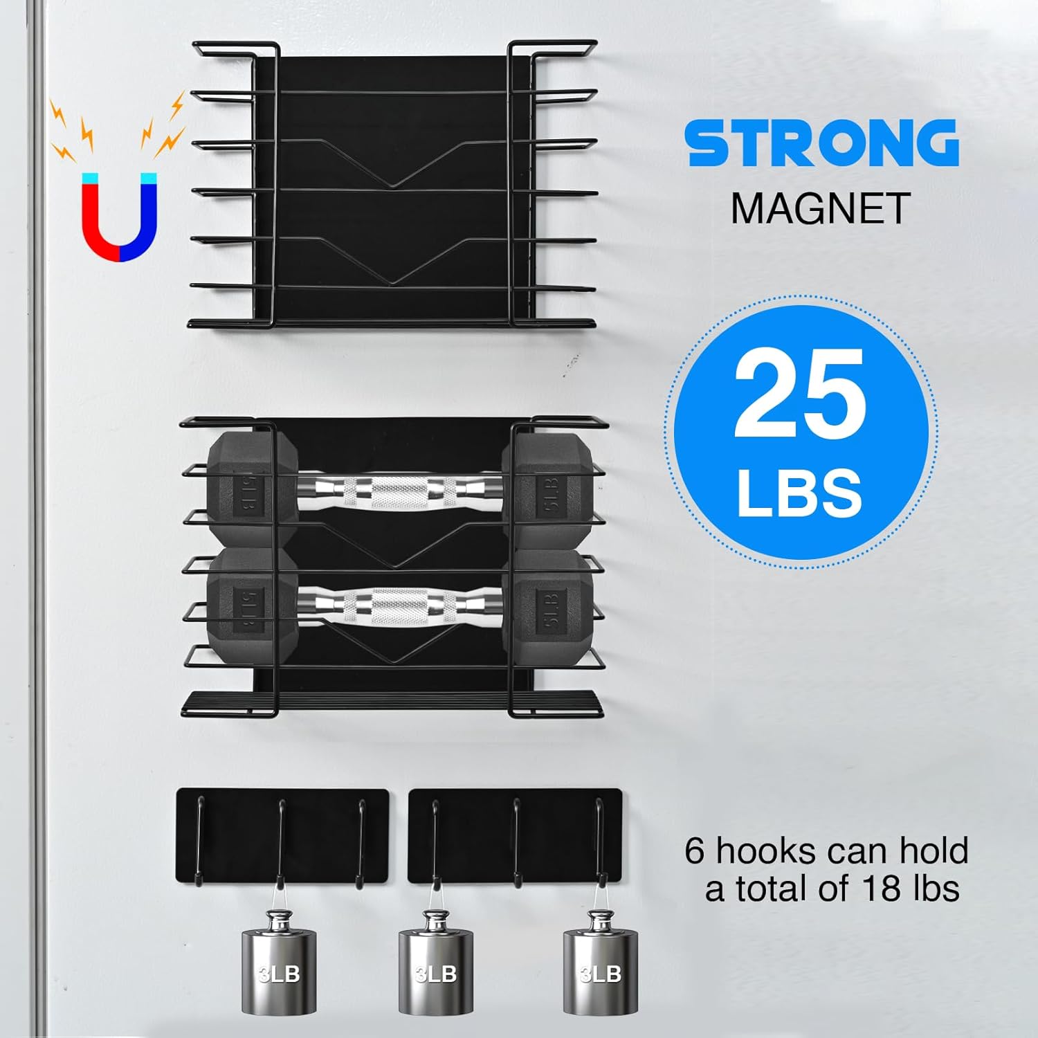 KOYLIM 4-Pack Magnetic Fridge Organizer - Strong Magnet Spice Rack for Refrigerator and Kitchen Storage with 6 hooks - Large Magnetic Shelf - Foil, Plastic Wrap, Food Bag Holder