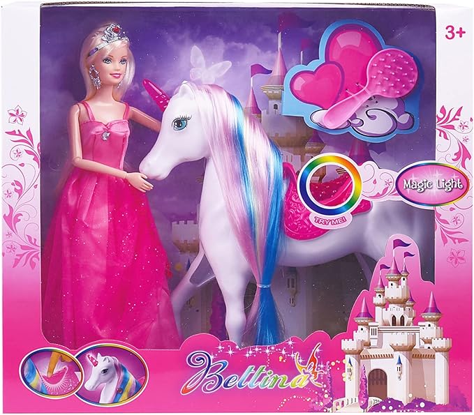 Princess Doll and Magic Light Unicorn Playset, Princess Unicorn Horse Toys Gifts for Girls Kids Aged 3 4 5 6, Present for Christmas, Birthday