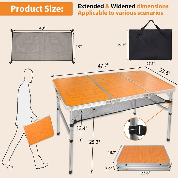 LJMBOEN Folding Camping Table,48"x24" 4FT Adjustable Height Aluminum Portable Picnic Table,3 Fold Lightweight Outdoor Table with Mesh Bag & Carrying Bag for Indoor Travel Beach and Party