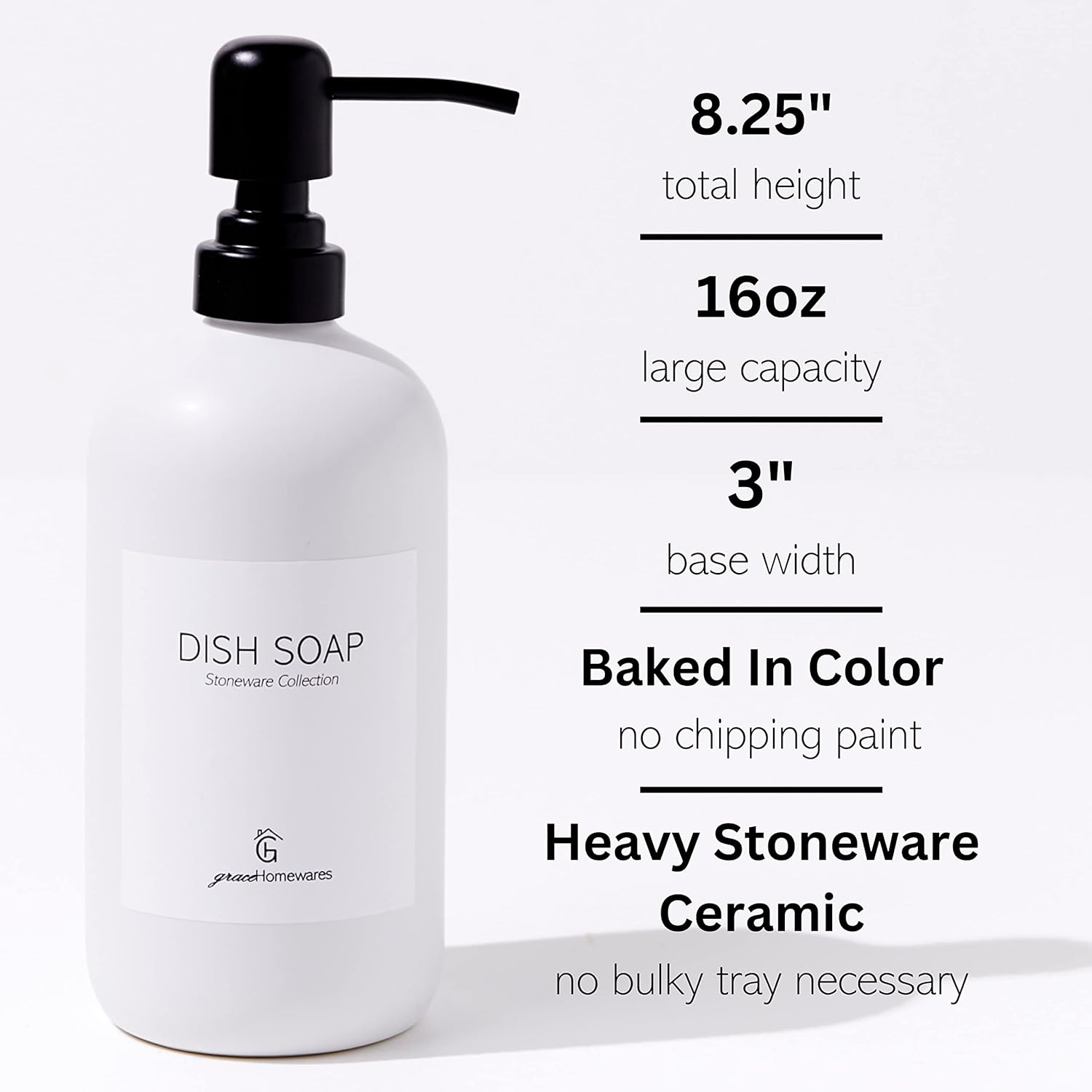 GraceHomewares Stoneware Ceramic Dish Soap Dispenser for Kitchen Sink | Kitchen Soap Dispenser Set | Soap Holder | Hand Soap Dispenser Bathroom | White with Black Pump | Waterproof Labels | 2 Pack