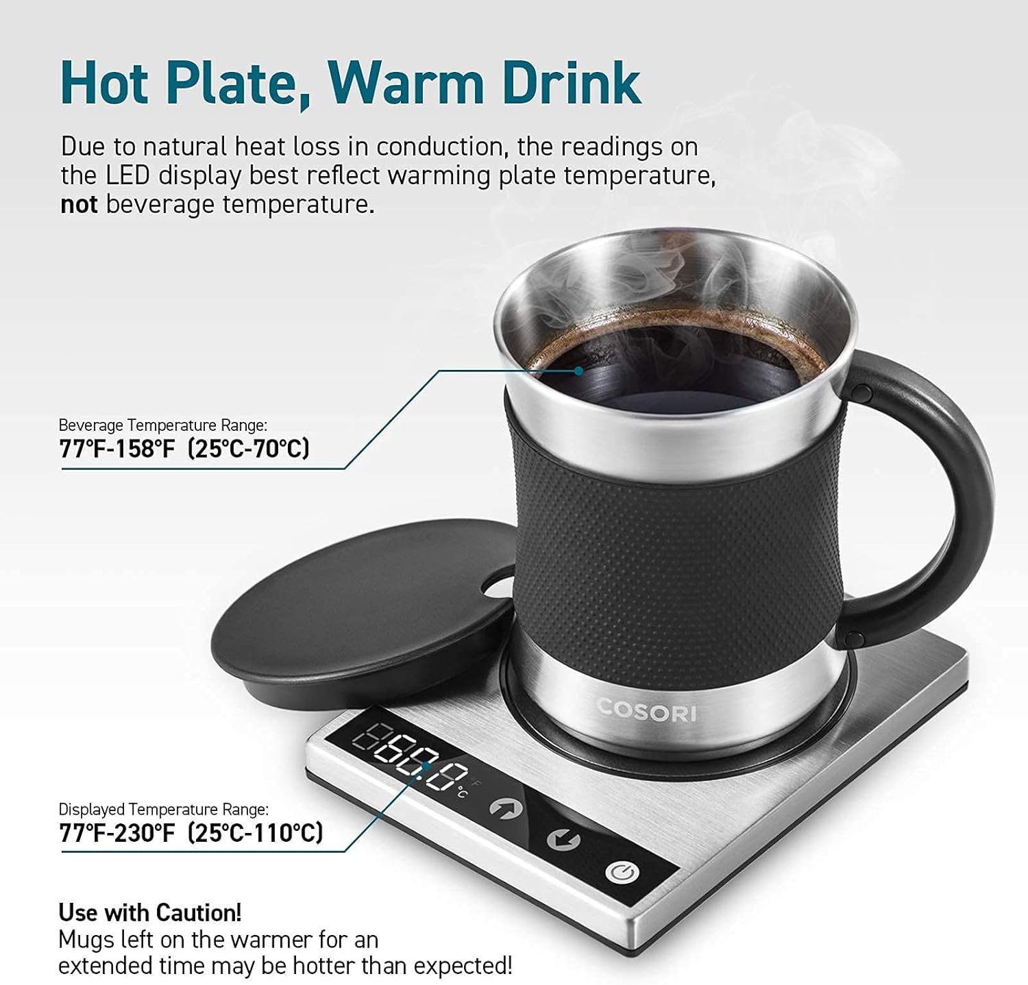 COSORI Coffee Mug Warmer & Mug Set, Beverage Cup Warmer for Desk Home Office Use, Coffee Gifts, Electric 24 Watt, Touch Tech & LCD Digital Display, 304 Stainless Steel, 17 oz, Mug lid