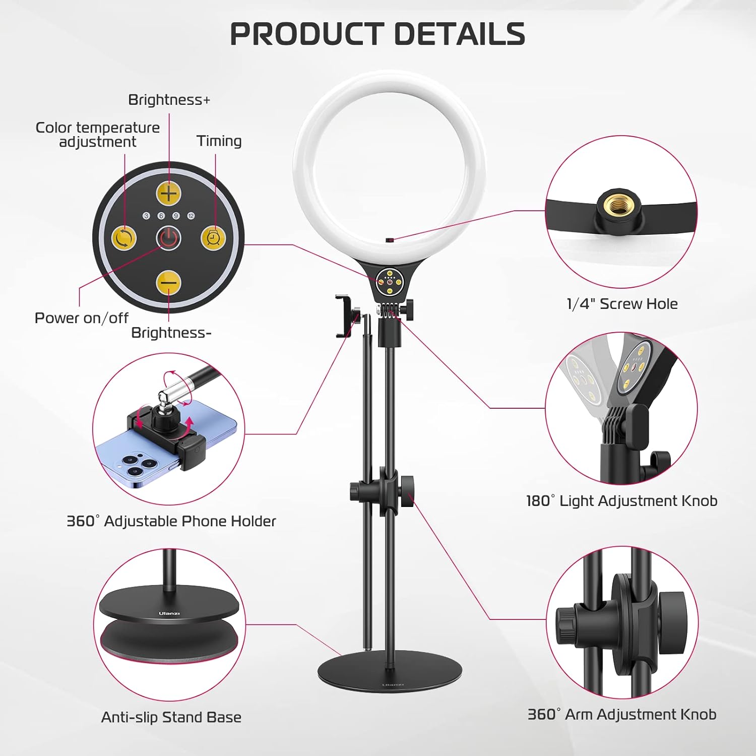 ULANZI Overhead Phone Mount with 10" Selfie Ring Light, Tabletop Light Stand with 360° Adjustable Shooting Arm, 3500k-6500K Dimmable Ring Light for Video Recording, Live Streaming, Portrait & Makeup