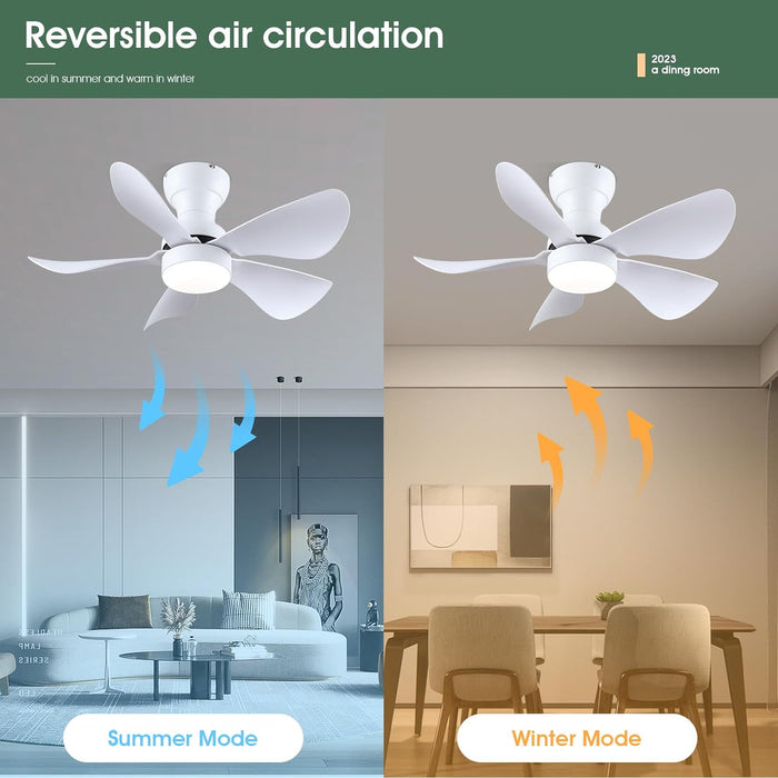 Kviflon Ceiling Fans with Lights and Remote/APP Control, 30 inch Low Profile Ceiling Fans with 5 Reversible Blades 3 Colors Dimmable 6 Speeds Ceiling Fan for Bedroom Kitchen Dining Room, White