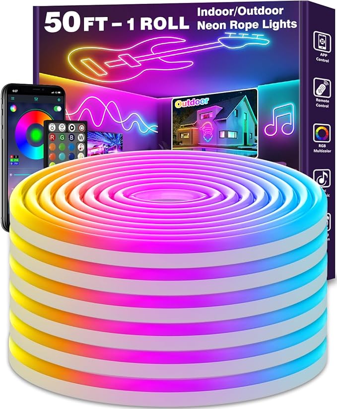 LETIANPAI 50Ft Led Neon Rope Lights,Control with App/Remote,Flexible Led Rope Lights,Multiple Modes,IP68 Outdoor RGB Neon Lights Waterproof,Music Sync Gaming Led Neon Strip Lights for Bedroom Indoor