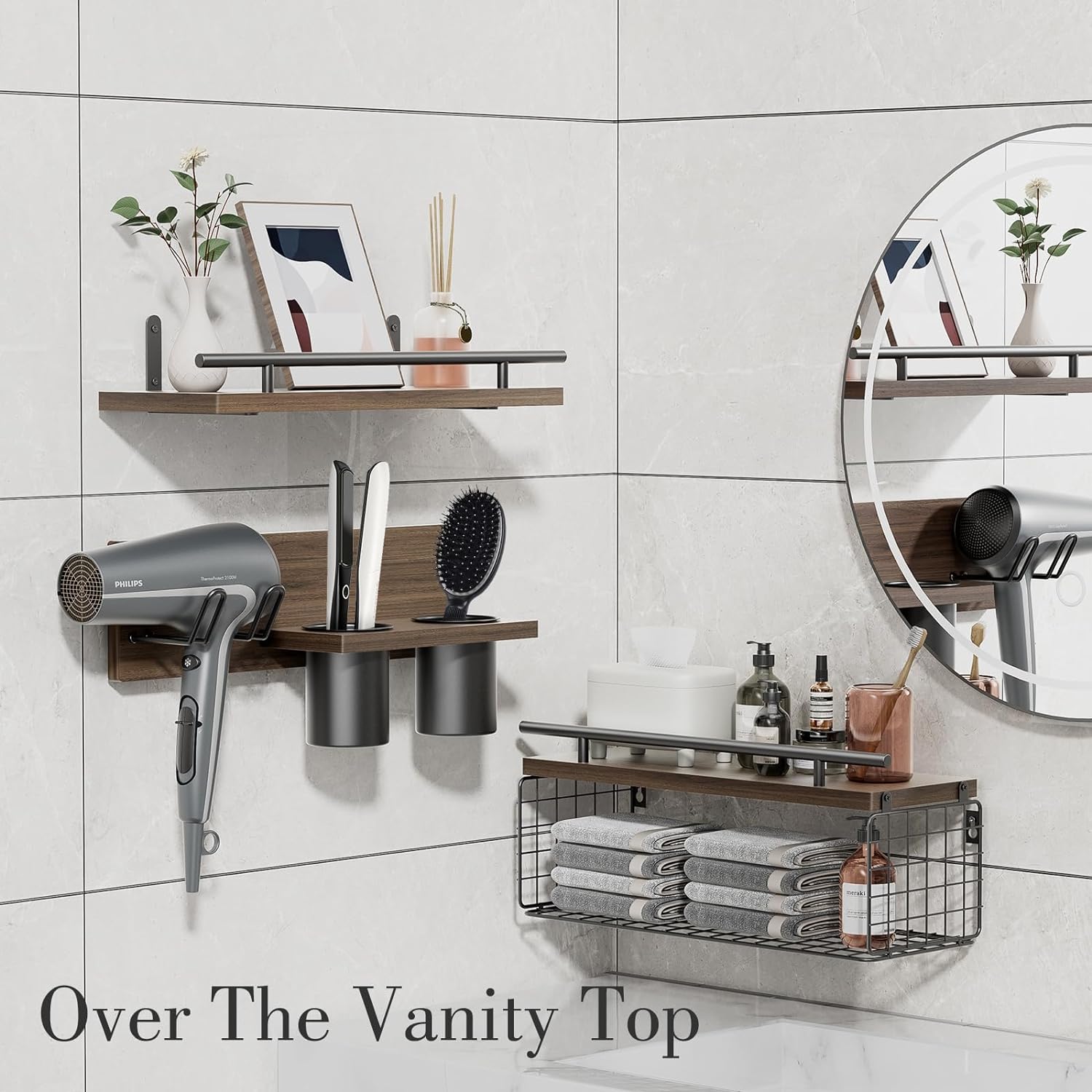 Bathroom Floating Shelves Wall Mounted with Hair Dryer Holder