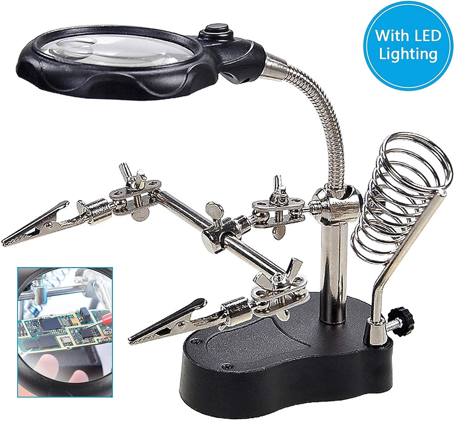 mlogiroa Helping Hands Soldering Station, 3.5X 12X Magnifying Glass LED Lighted Magnifier with Auxiliary Clips Alligator Clamp Repair Tools Kit for Soldering, Assembly, Miniatures