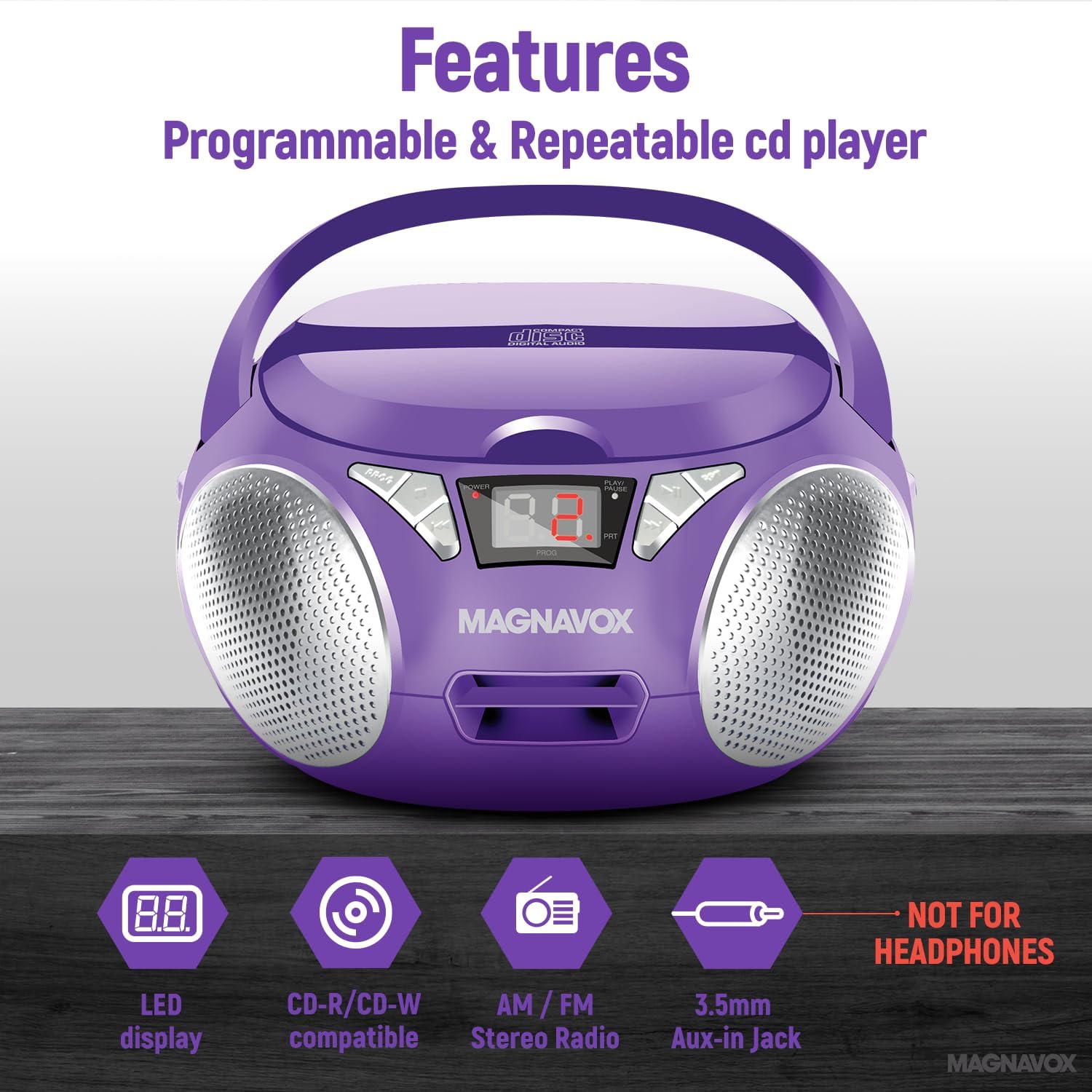 Magnavox MD6924-PL Portable Top Loading CD Boombox with AM/FM Stereo Radio in Purple | CD-R/CD-RW Compatible | LED Display | AUX Port Supported | Programmable CD Player |