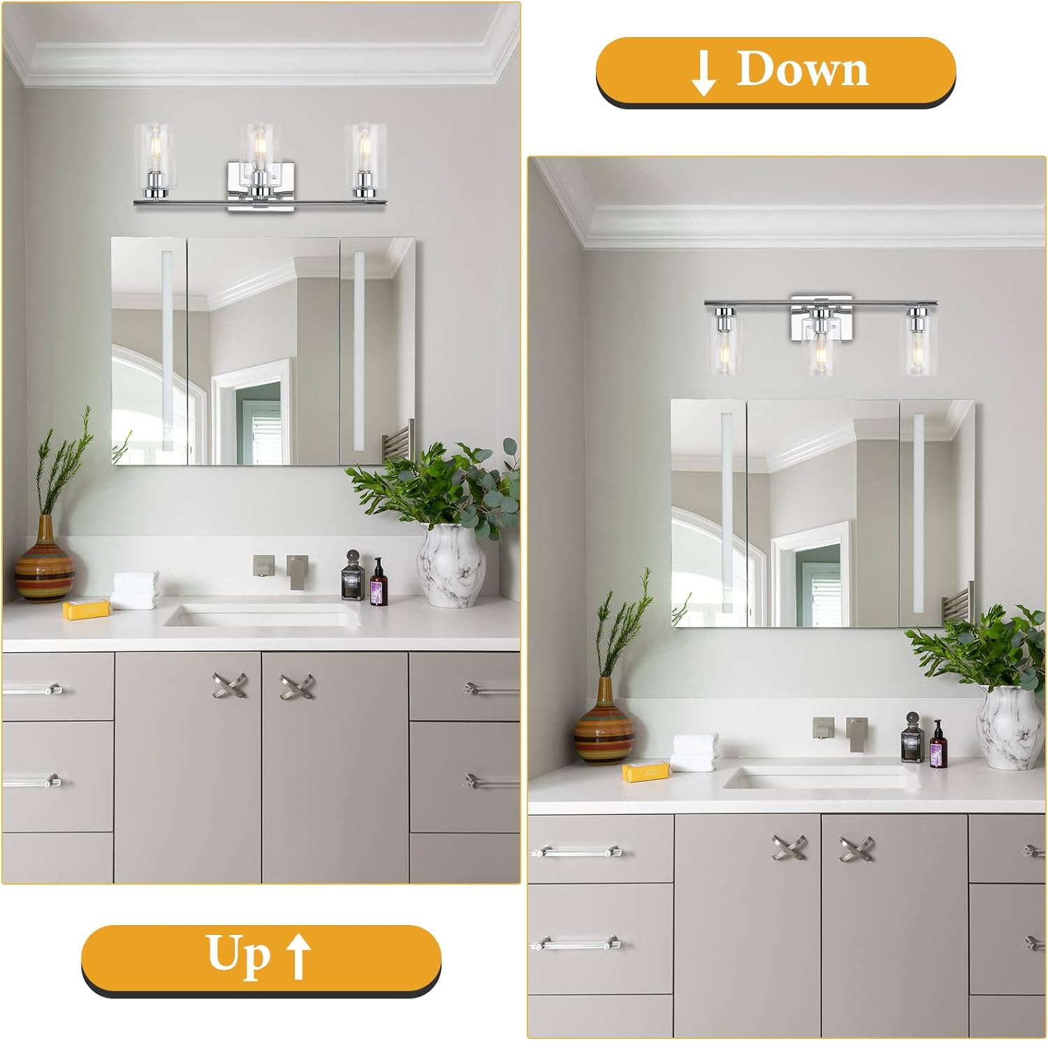 Bathroom Vanity Light KOSTOMO Bathroom Wall Light Chrome Vanity Light 3-Light Wall Sconce Clear Glass Shade Modern Bathroom Lights Fixtures Porch Wall Lamp for Mirror Living Bedroom, Hallway