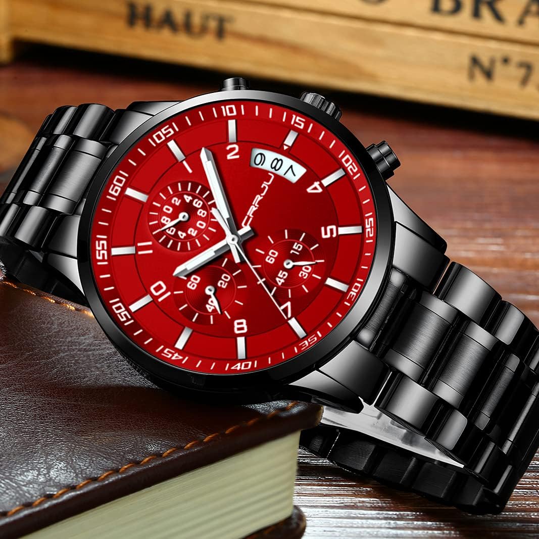 CRRJU Men's Fashion Stainless Steel Watches Date Waterproof Chronograph Wristwatches,Stainsteel Steel Band Waterproof Watch