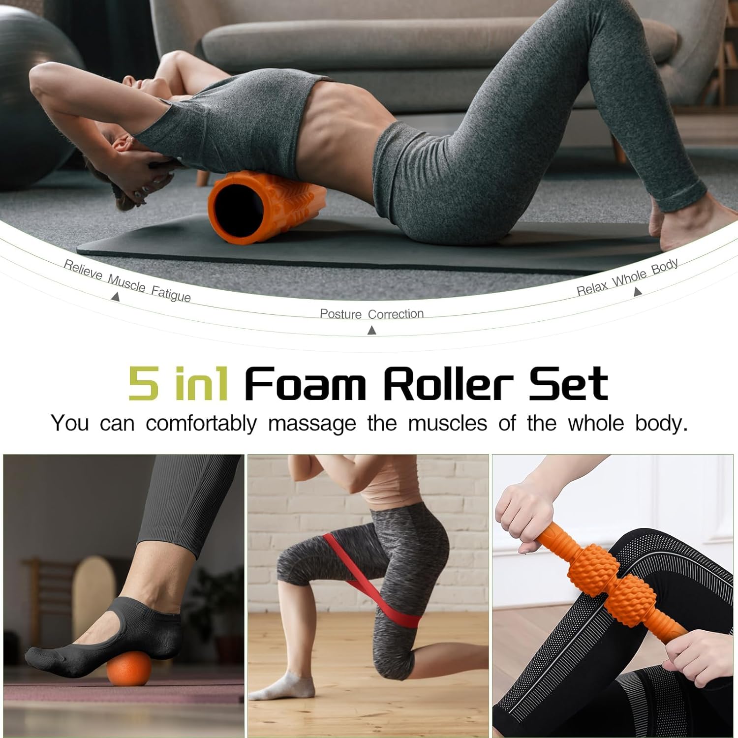 Krightlink 5-in-1 Foam Roller Set, Massage Roller Stick, Massage Ball, Resistance Band for Deep Muscle Massage, Trigger Point Release, Pilates, Yoga (Orange)