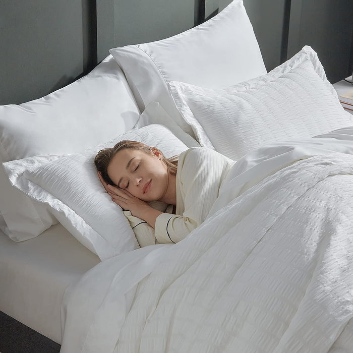 CozyLux Full/Queen Bed in a Bag White Seersucker Comforter Set with Sheets 7-Pieces All Season Bedding Sets with Comforter, Pillow Sham, Flat Sheet, Fitted Sheet and Pillowcase