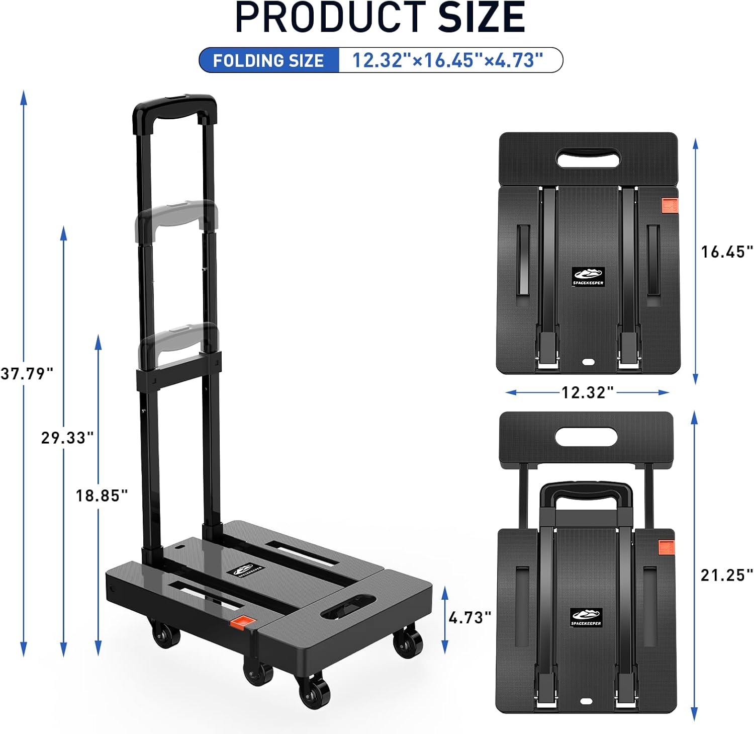 SPACEKEEPER Folding Hand Truck, 500 LB Heavy Duty Luggage Cart, Utility Dolly Platform Cart with 6 Wheels & 2 Elastic Ropes for Luggage, Travel, Moving, Shopping, Office Use, Black