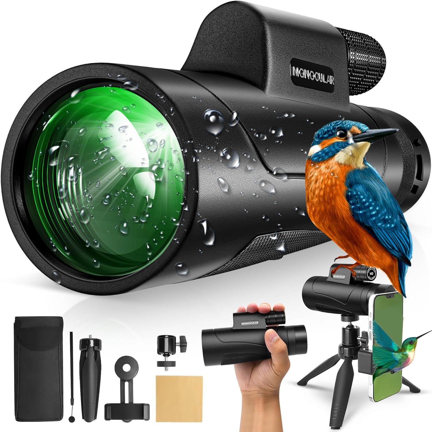 Upgrade Monocular Telescope，80x100 HD Monocular Telescope with Smartphone Holder, Waterproof Monocular, Lightweight Monocular for Bird Watching Hunting Camping Travel Star Watching