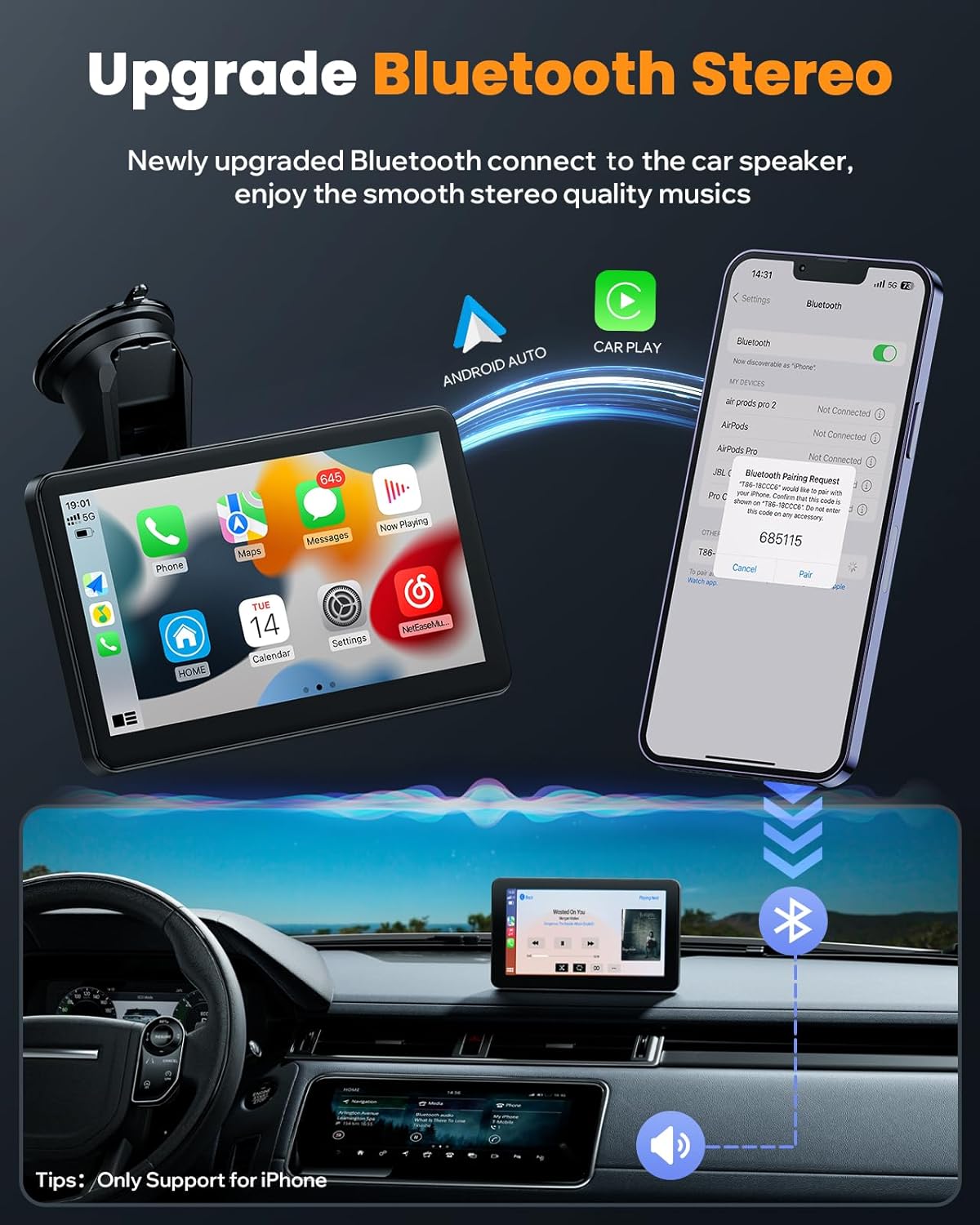 LAMTTO Portable Wireless Carplay & Android Auto with Backup Camera,7" HD IPS Drive Carplay Screen for Cars,Car Radio Receiver with Mirror Link,Bluetooth,GPS Navigation,AUX,Voice Control