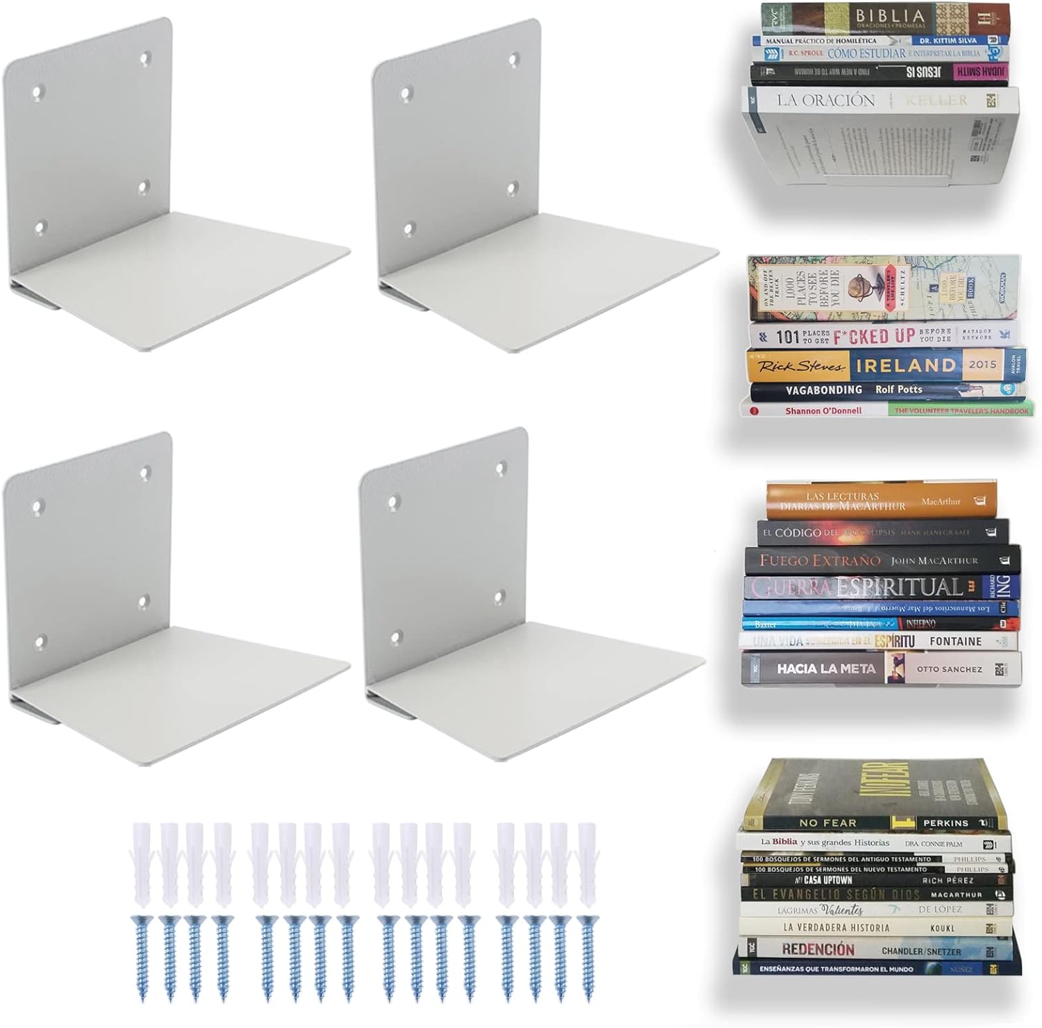 Eapele Floating Book Shelves for Wall, Steel Constructed Hidden Bookshelf with Mounting Hardware (Grey, 4pcs)