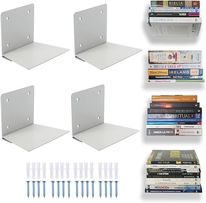 Eapele Floating Book Shelves for Wall, Steel Constructed Hidden Bookshelf with Mounting Hardware (Grey, 4pcs)