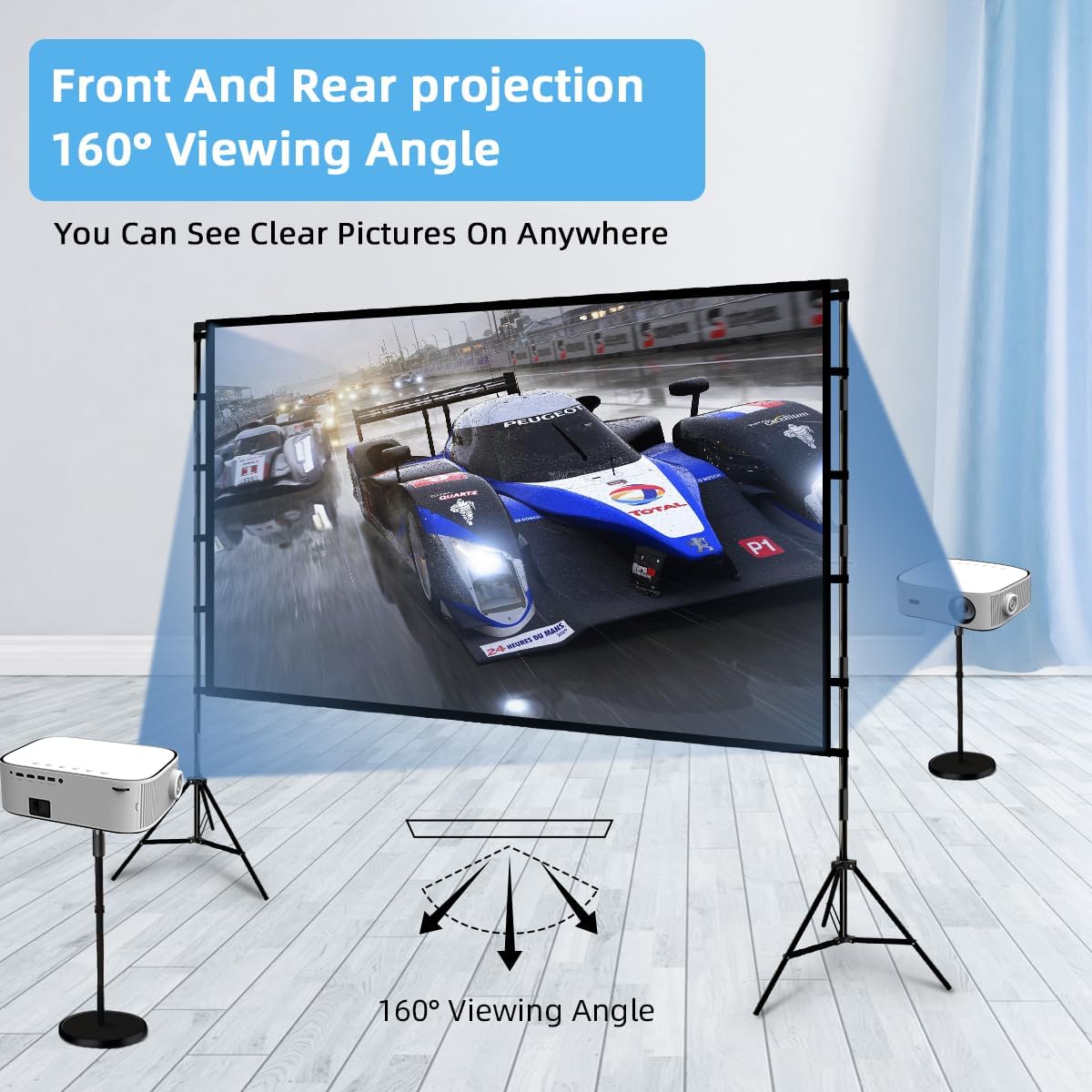 Projector Screen and Stand, Towond 120 inch Portable Projector Screen Indoor Outdoor Projector Screen 16:9 4K HD Wrinkle-Free Lightweight Movie Screen with Carry Bag for Backyard Movie Night