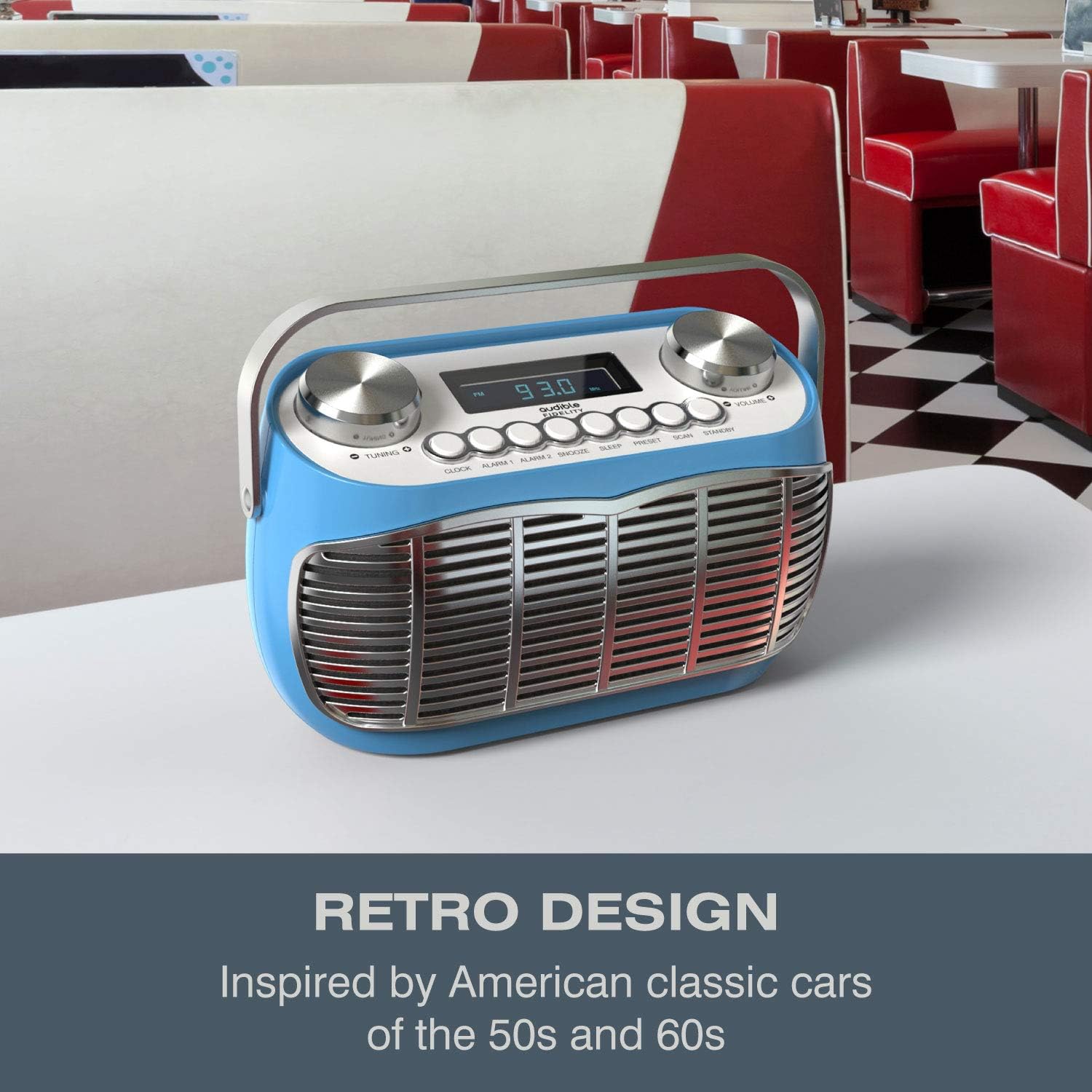 Radio AM FM, Portable AM FM Radio Powered by Battery/Adaptor, Retro Radio with Dual Alarm Clock, Kitchen Radio Vintage Radio with Headphone Jack (Blue)