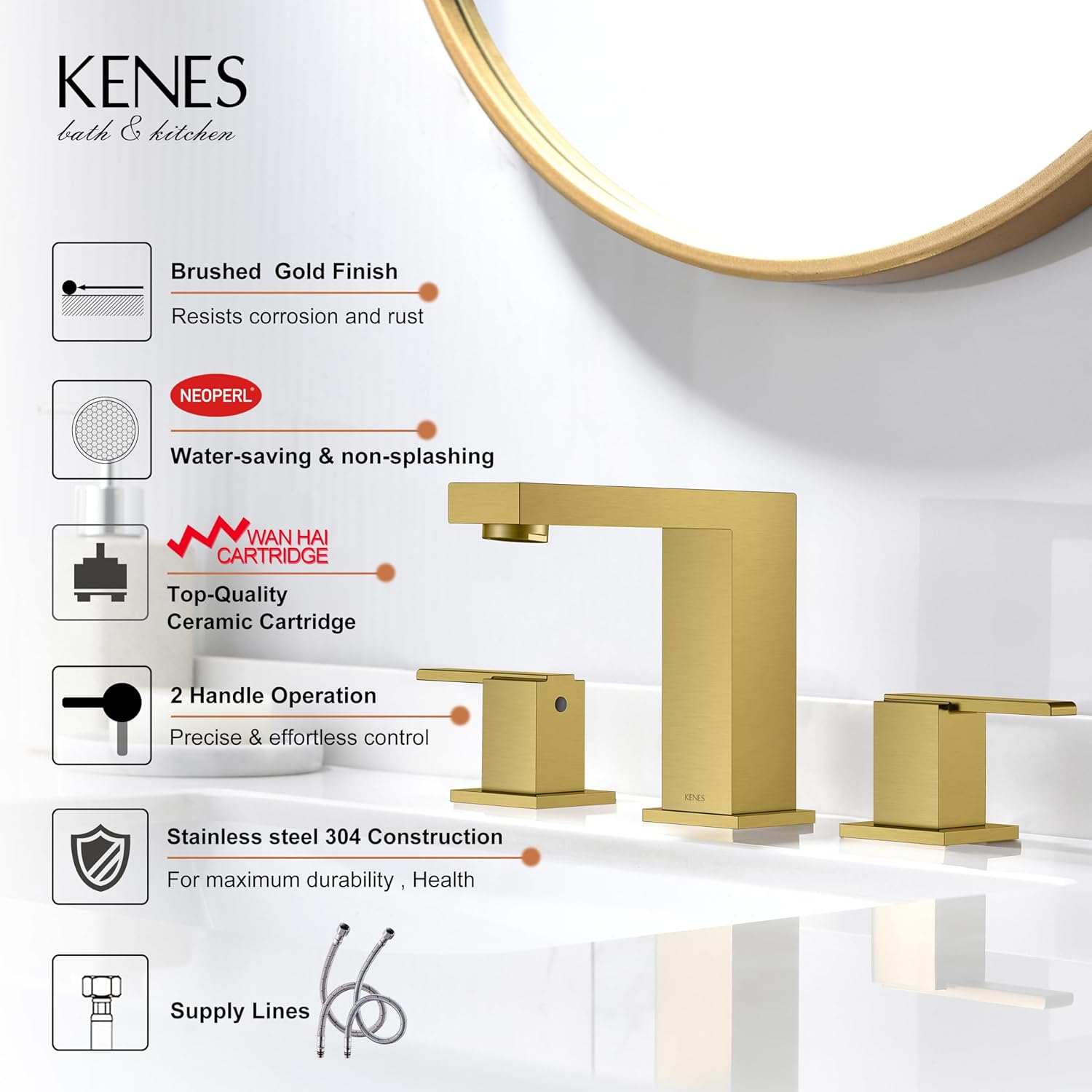 KENES Gold Widespread Bathroom Faucet Brushed Gold Two Handle Bathroom Sink Faucet 3 Hole, 8-Inch Bathroom Faucet Vanity Faucet with Lead-Free Supply Hose, KE-9050-4