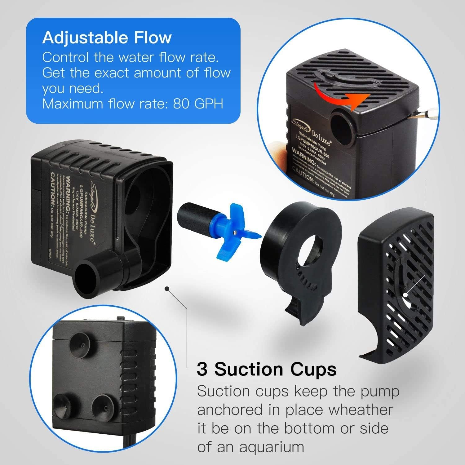 Simple Deluxe 80 GPH Submersible Pump with Adjustable Intake & 6' Waterproof Cord for Hydroponics, Aquaponics, Fountains, Ponds, Statuary, Aquariums & more