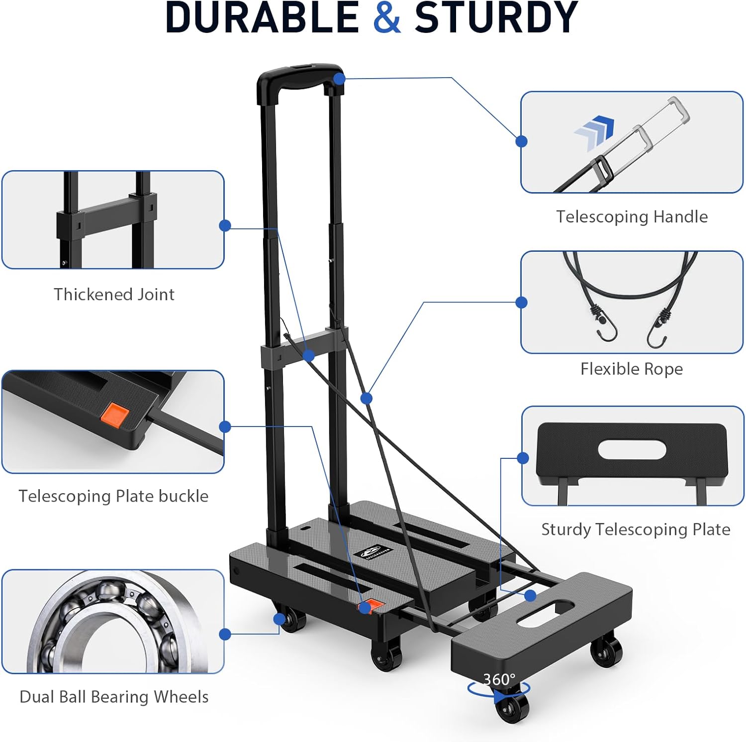 SPACEKEEPER Folding Hand Truck, 500 LB Heavy Duty Luggage Cart, Utility Dolly Platform Cart with 6 Wheels & 2 Elastic Ropes for Luggage, Travel, Moving, Shopping, Office Use, Black