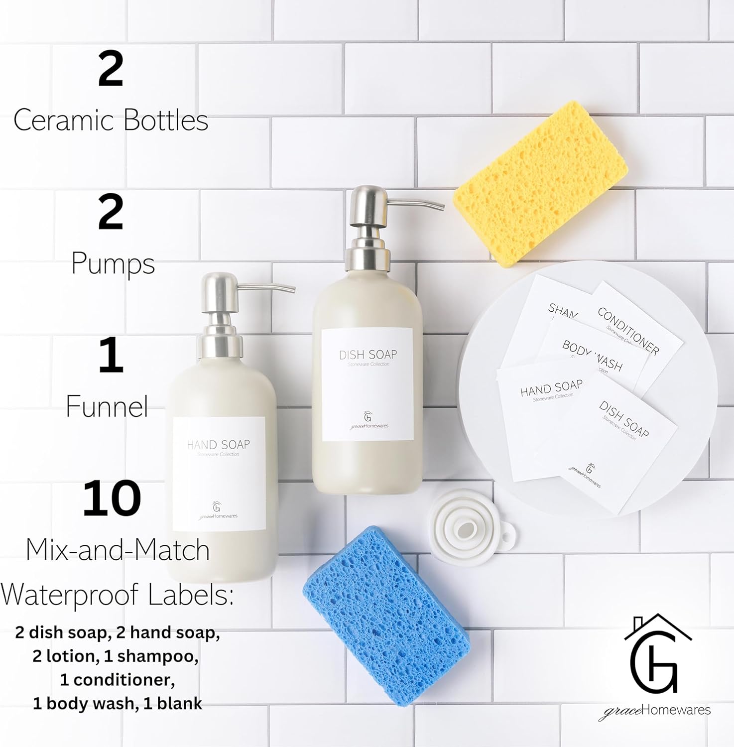 GraceHomewares Stoneware Ceramic Dish Soap Dispenser for Kitchen Sink | Kitchen Soap Dispenser Set | Soap Holder Bathroom Hand Soap Dispenser | Waterproof Labels | 2 Pack | Warm Grey w/Silver Pump