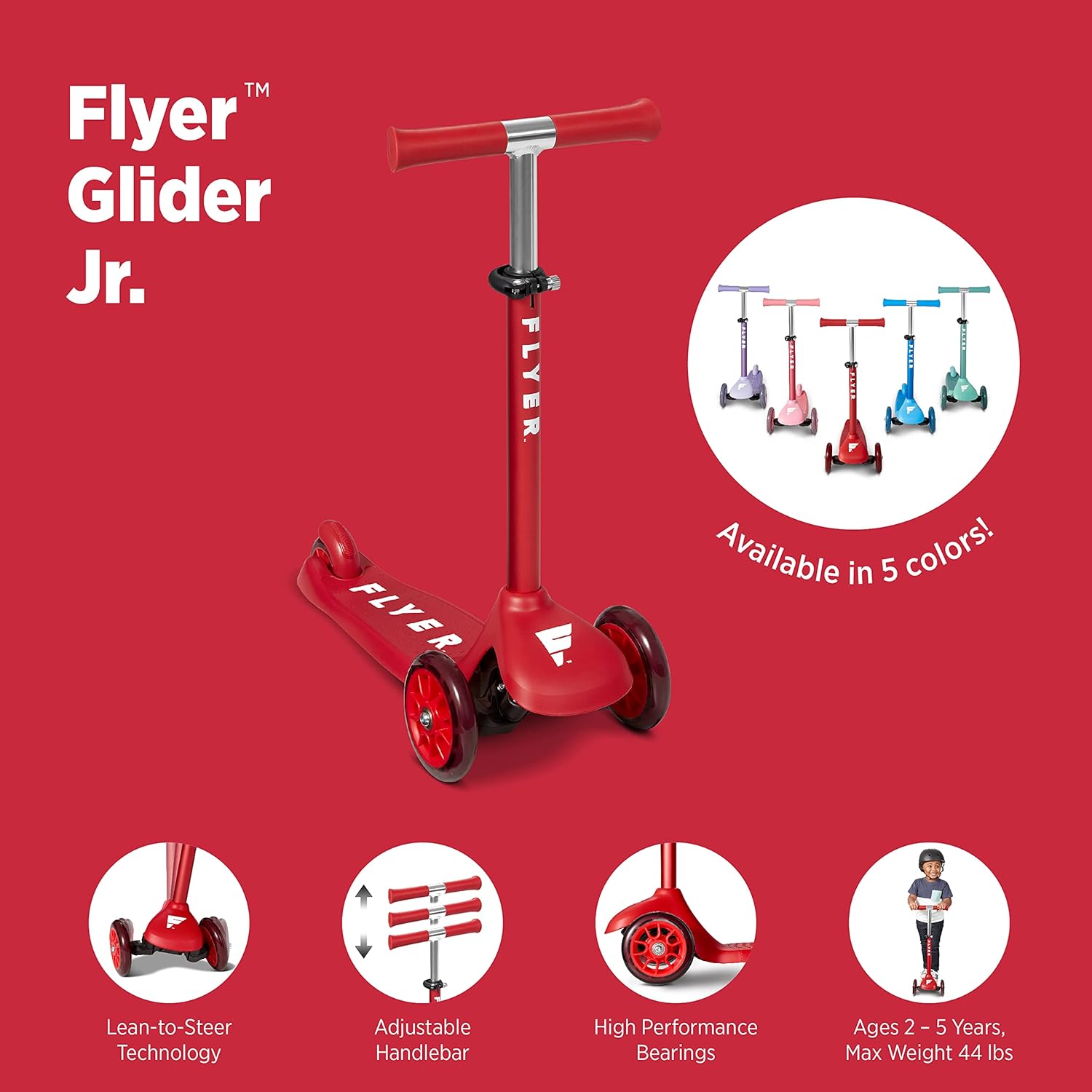 Flyer Glider Jr., Lean to Steer Toddler Scooter, Red, for Kids Ages 2-5 Years