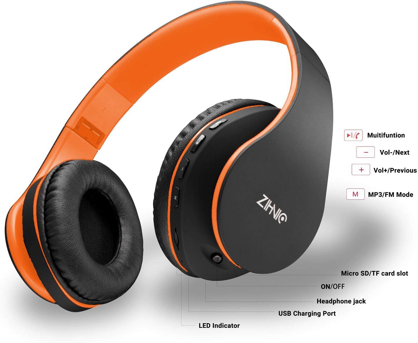 Bluetooth Over-Ear Headphones, Zihnic Foldable Wireless and Wired Stereo Headset Micro SD/TF, FM for Phone/Samsung/Pad/PC/TV,Soft Earmuffs &Light Weight for Prolonged Wearing (Black-Orange)