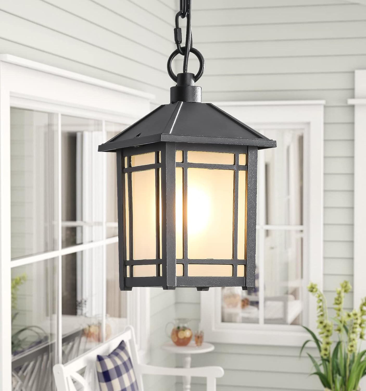 Lzwelcy Outdoor Pendant Lights with Frosted Glass Rust Resistant Aluminum Hanging Porch Lights,Outdoor Black Exterior Pendant Lights,Pendant Lights for Porch,Gazebo,and Farmhouse Exterior