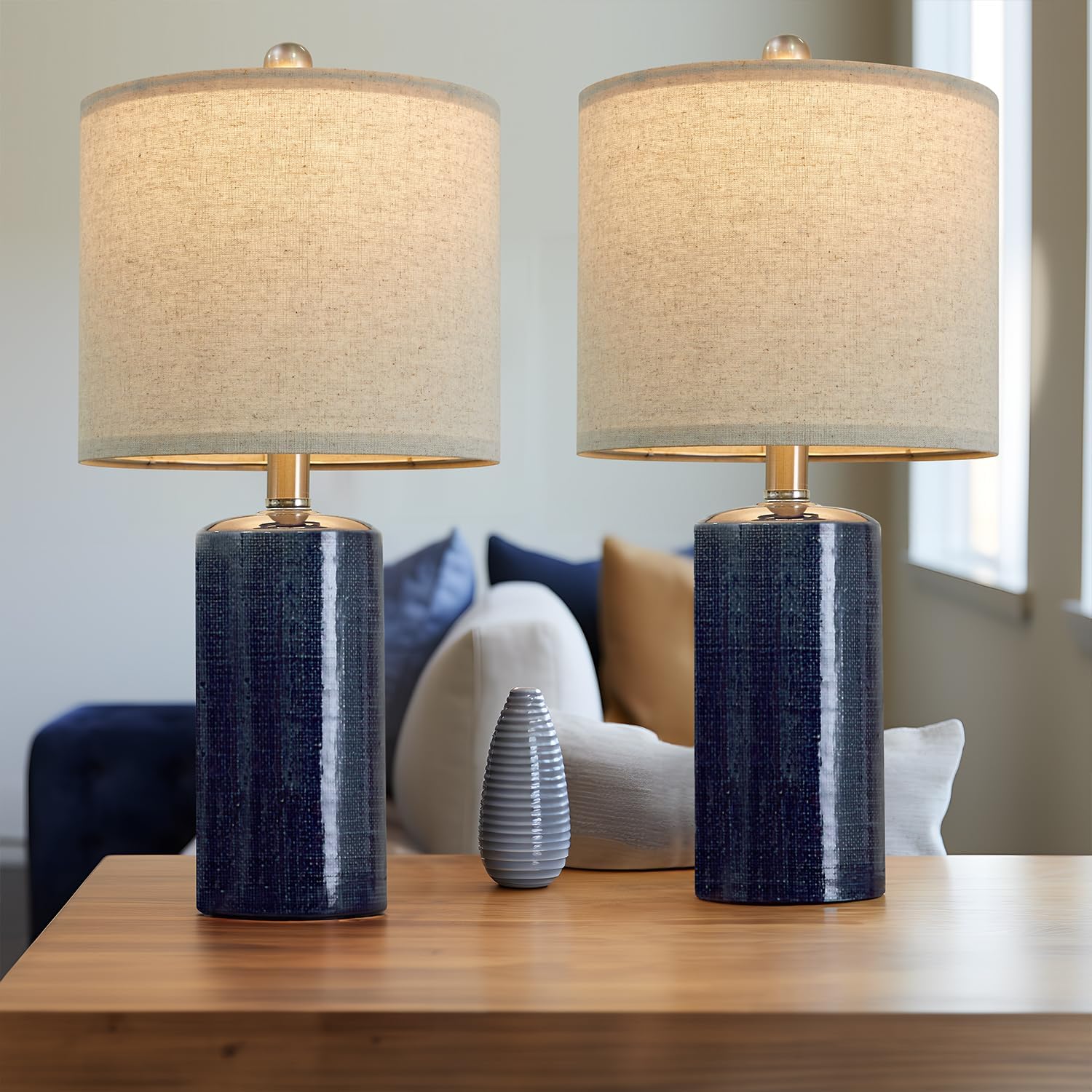 20.25" Small Table Lamps Set of 2 Modern Ceramic Lamps for Living Room Farmhouse Bedside Lamps Boho Lamps for Night Stands Blue Bedroom Lamps Side Table Lamps End Table Lamps