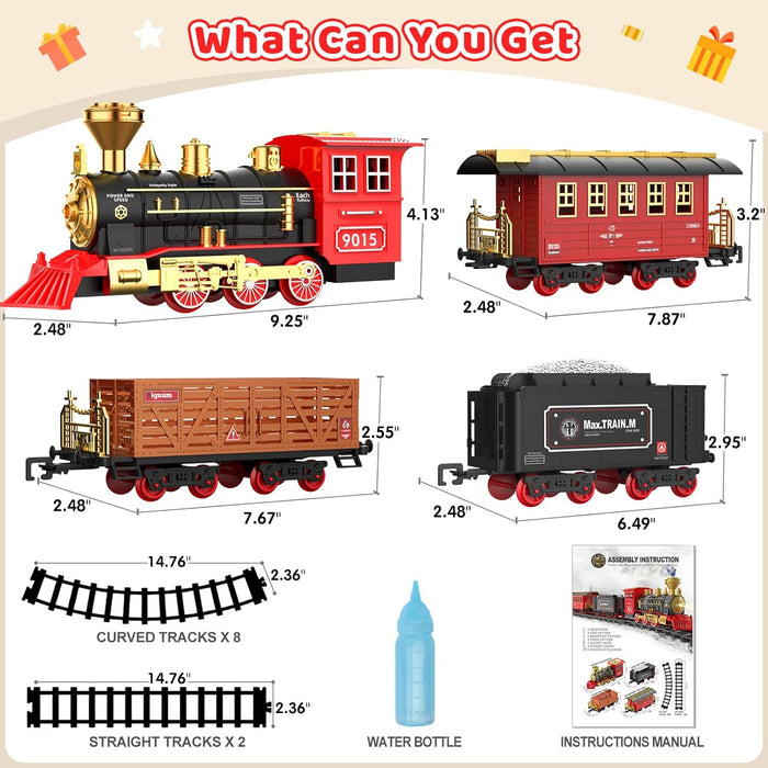 Hot Bee Train Set - Train Toys for Boys Girls w/Smokes, Lights & Sound, Tracks, Toy Train w/Steam Locomotive Engine, Cargo Cars & Tracks, Christmas Train Toys Gifts for 3 4 5 6 7 8+ Year Old Kids