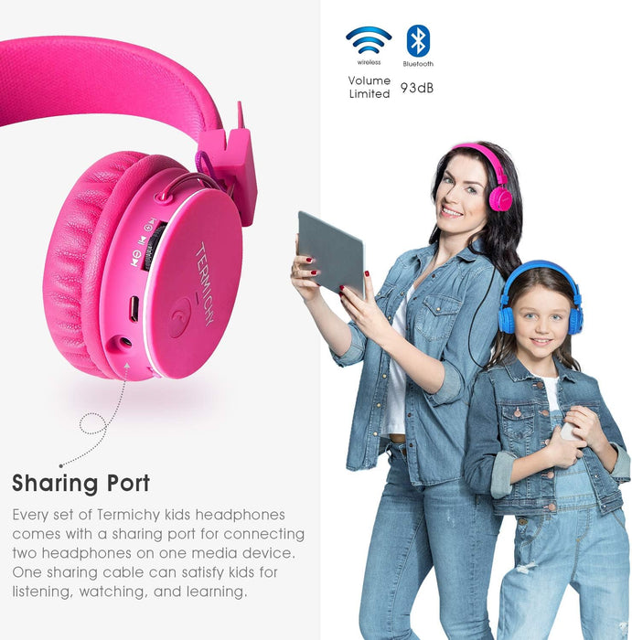 Termichy Volume Limited Wireless Bluetooth Kids Headphones, wireless/wired Foldable Stereo over-Ear headsets with music share port and Built-in Microphone for calling (Pink)