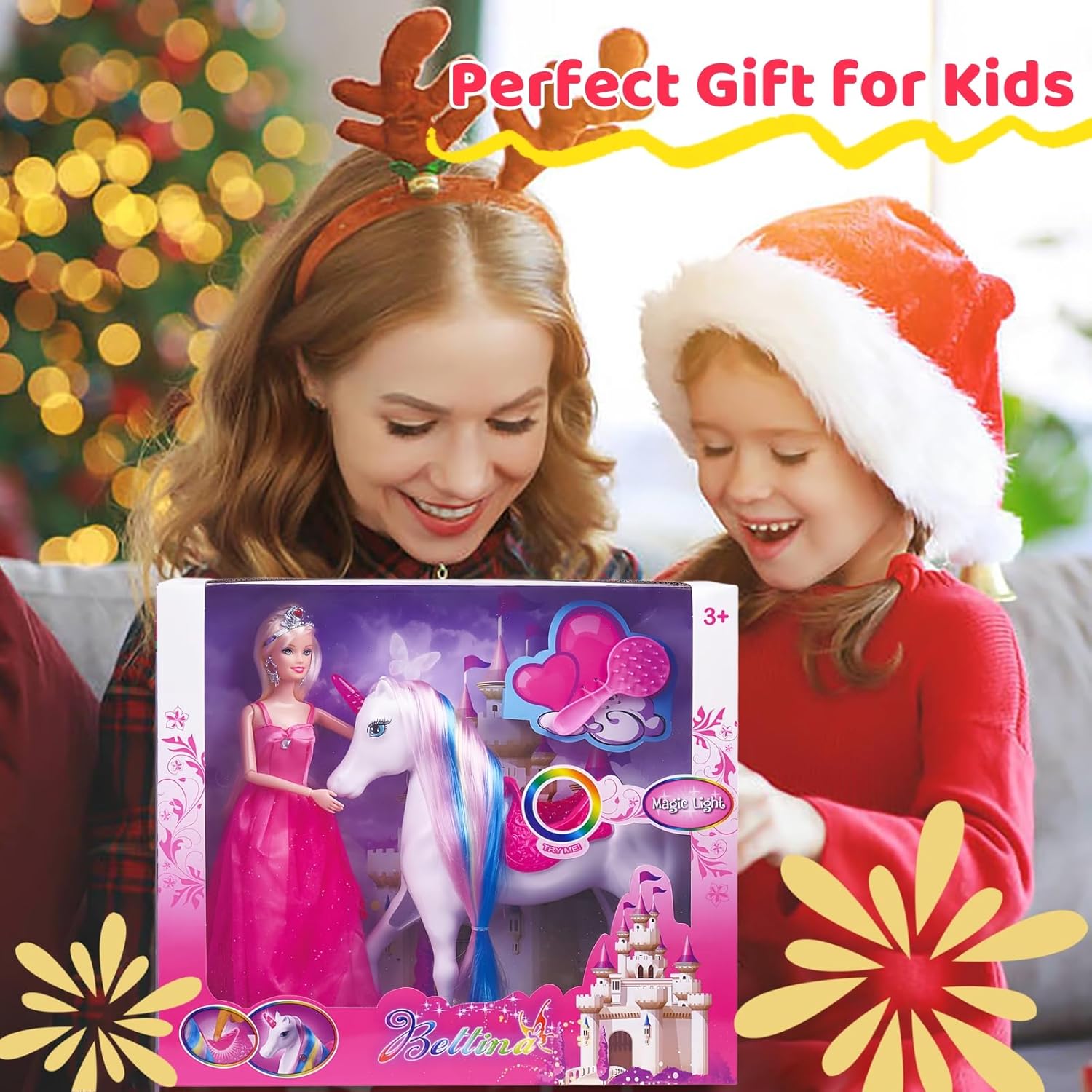 Princess Doll and Magic Light Unicorn Playset, Princess Unicorn Horse Toys Gifts for Girls Kids Aged 3 4 5 6, Present for Christmas, Birthday