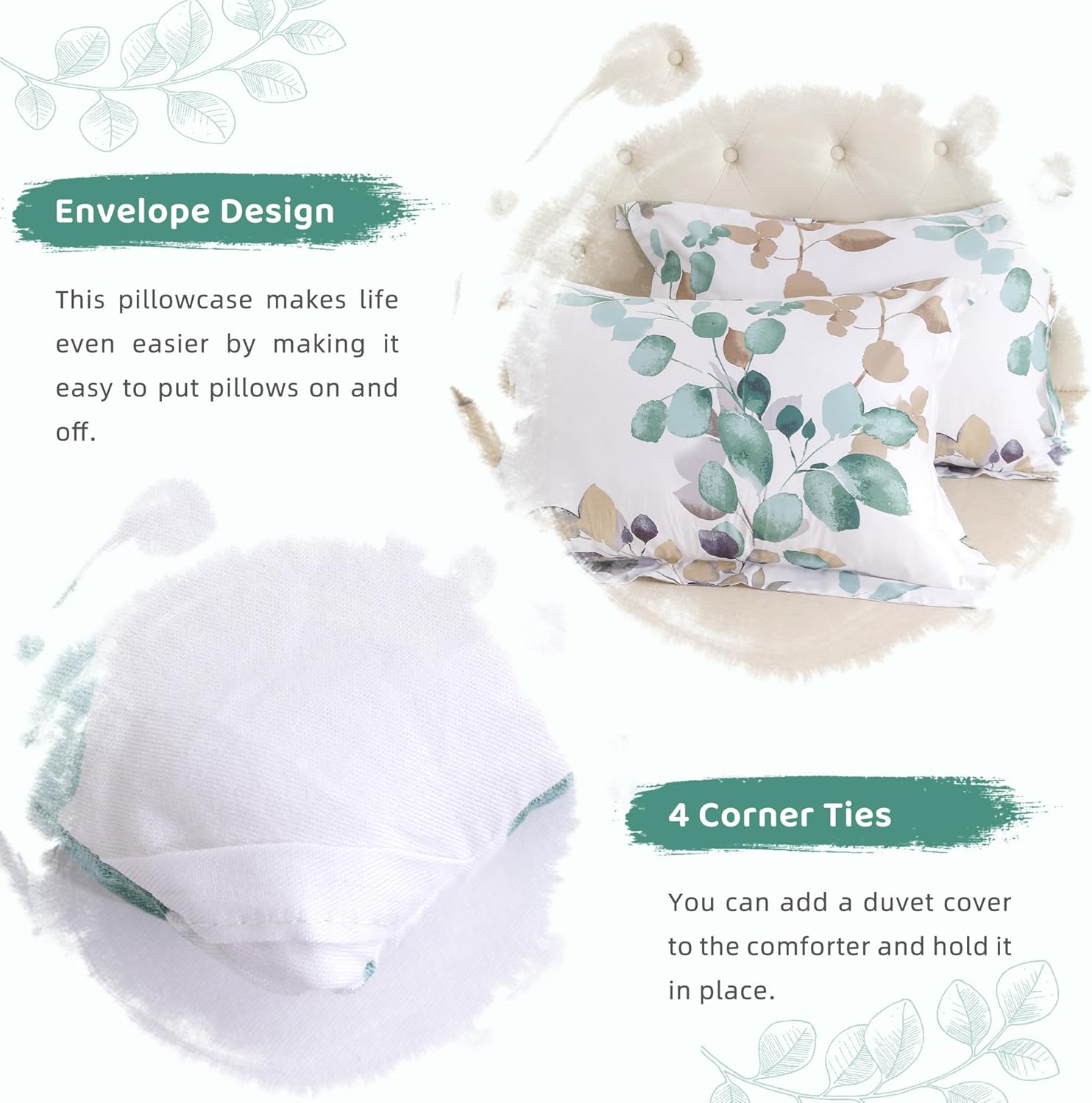 Sanracie Floral Comforter King Size- 100% Cotton Bedding Comforter Set, 3pcs Gradient Teal Leaves Botanical Pattern Queen Bedding Sets, Lightweight Ultra Soft Fluffy Bed Flower Comforter Sets