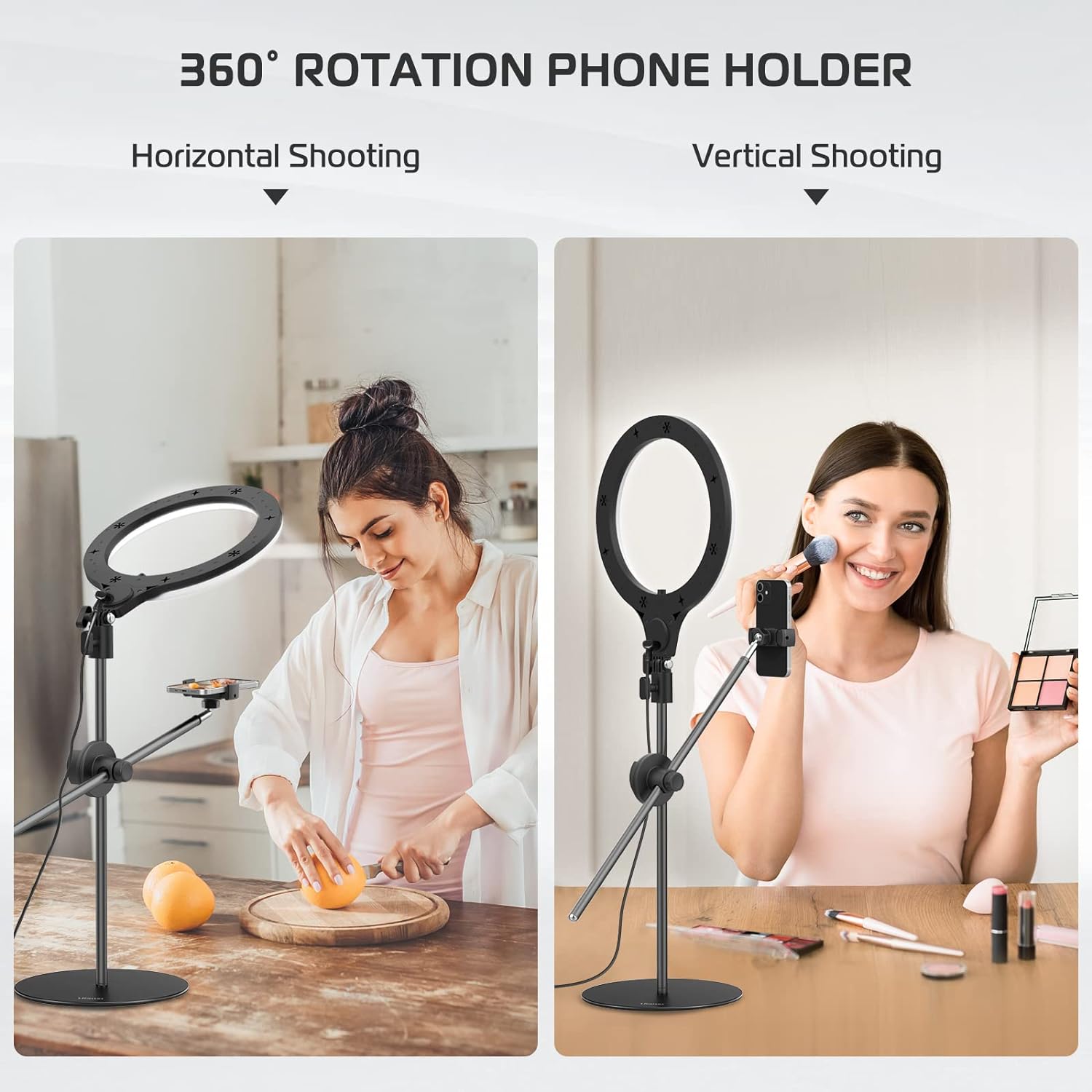 ULANZI Overhead Phone Mount with 10" Selfie Ring Light, Tabletop Light Stand with 360° Adjustable Shooting Arm, 3500k-6500K Dimmable Ring Light for Video Recording, Live Streaming, Portrait & Makeup