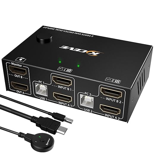 KCEVE Dual Monitor KVM Switch HDMI 2 Port 4K@30Hz USB HDMI Extended Display Switcher for 2 Computers Share 2 Monitors and 4 USB 2.0 Hub,Desktop Controller and USB HDMI Cables Included