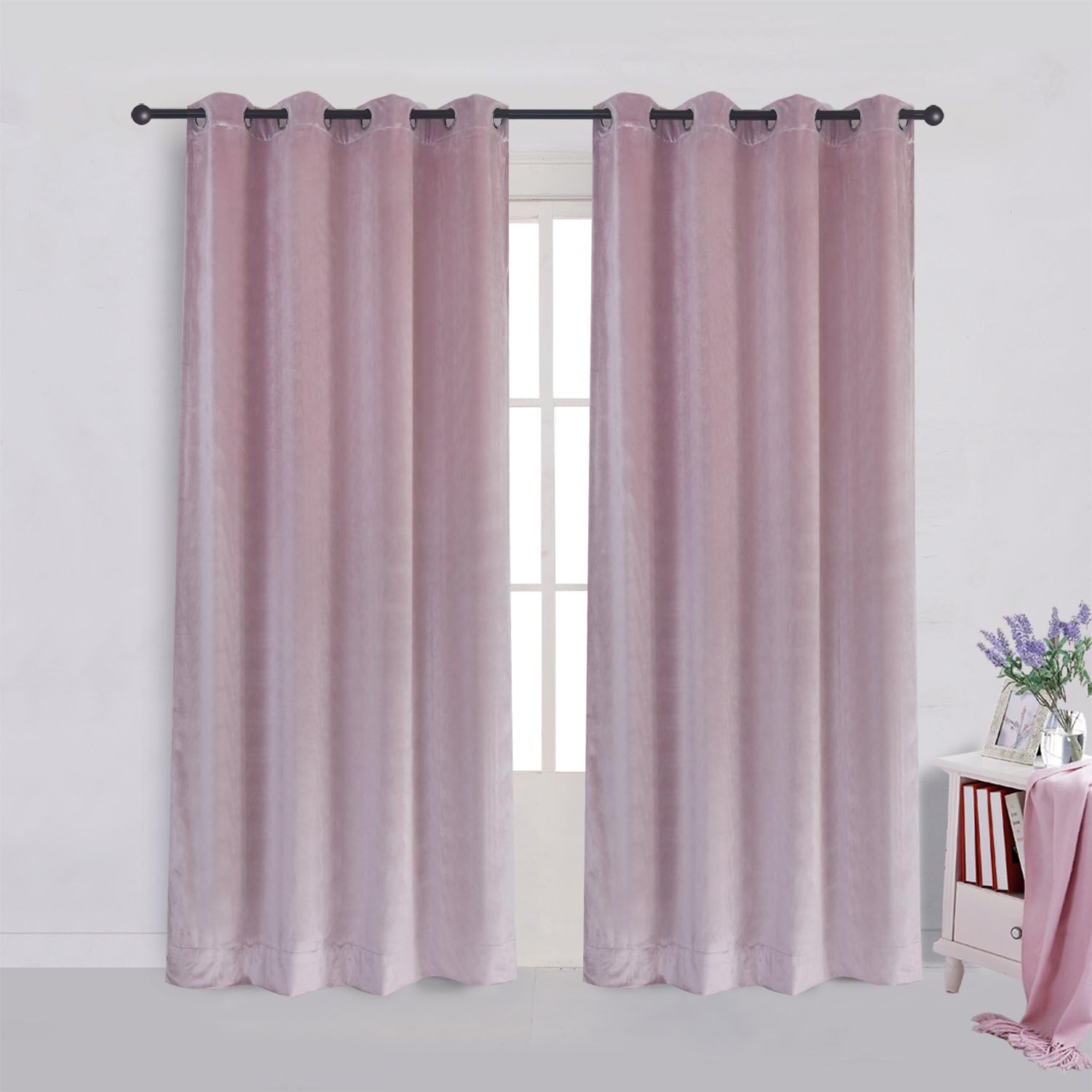 Super Soft Luxury Velvet Curtains Set of 2 Pink Flannel Blackout Drapes Grommet Draperies Eyelet 52Wx108L inch (2 panels) with Tiebacks