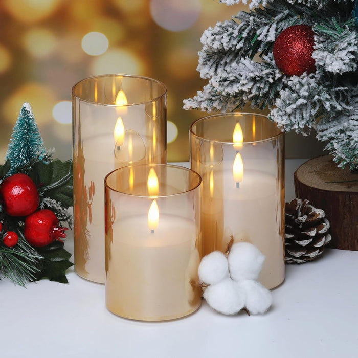 Eywamage Glass Flameless Candles with Remote Flickering Real Wax Wick LED Pillar Candles Battery Operated 3 Pack D 3 inch H 4 inch 5 inch 6 inch Gold