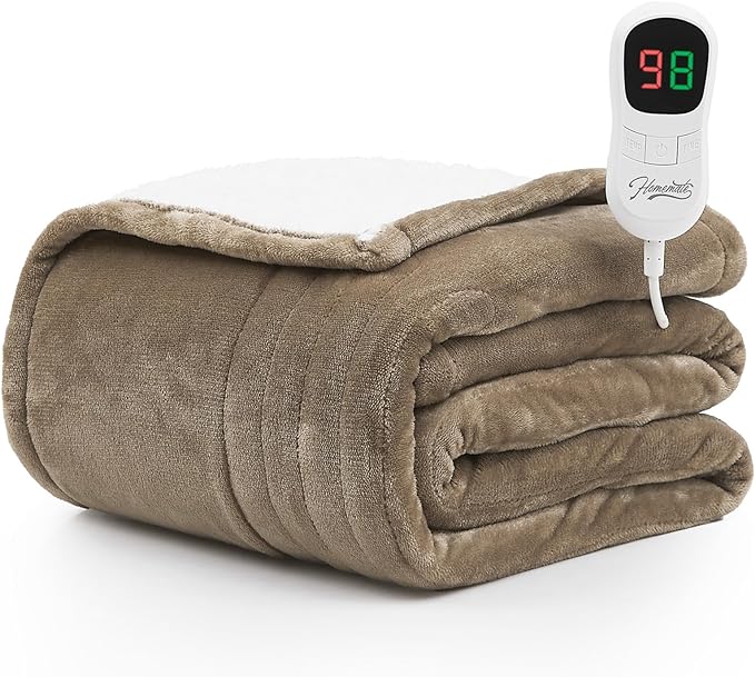 Homemate Heated Blanket Electric Throw - 50"x60" Heating Blanket Throw 1/2/4/6/8 Hours Auto-off 10 Heat Level Heat Blanket Over-heat Protection Flannel Sherpa Heater Blanket Electric ETL Certification