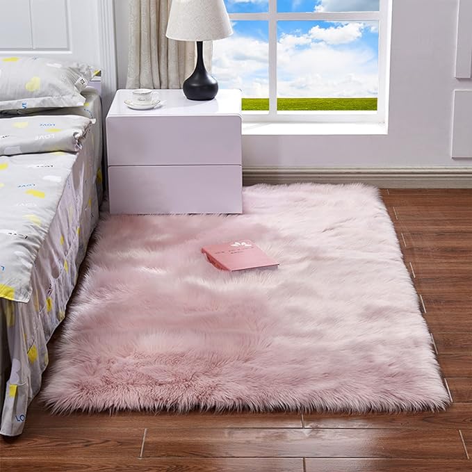 NeuWook Faux Fur Sheepskin Rug, Acrylic Soft Fluffy Shaggy Rugs, Hypoallergenic and Luxuriously Rugs for Babies Bedroom Sofa Floor (Pink, 60 x 90 cm)