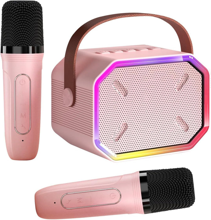 Karaoke Machine for Kids and Adults, Mini Portable Bluetooth Speaker with 2 Wireless Microphones, Led Lights for TV, Home Party, Kids Gift for Girls Boys Family Party Birthday (Pinkcolor)
