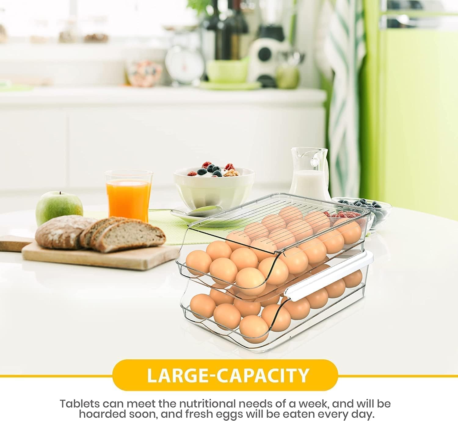 Utopia Kitchen Rolling Egg Container for Refrigerator with Lid - Pack of 3 Stackable Plastic Egg Holder for Refrigerator - Clear Egg Tray for Refrigerator or Fridge Organizer