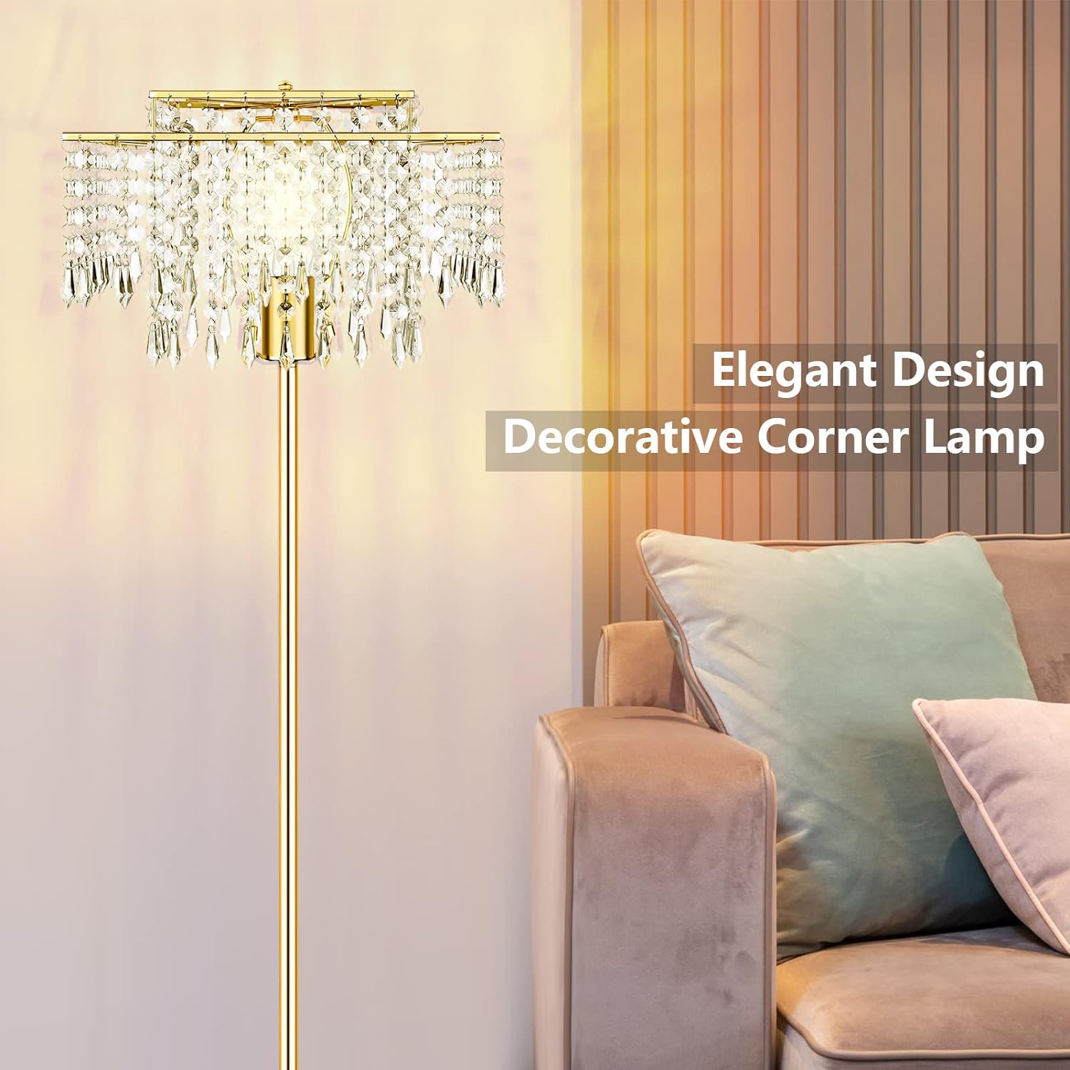 Mlambert Double Layer Lampshade Crystal Floor Lamp for Bedroom,Floor Lamp for Livingroom,Elegant Standing Lamp,61.57" Pole Lamp,Modern Floor Lamp,Gold