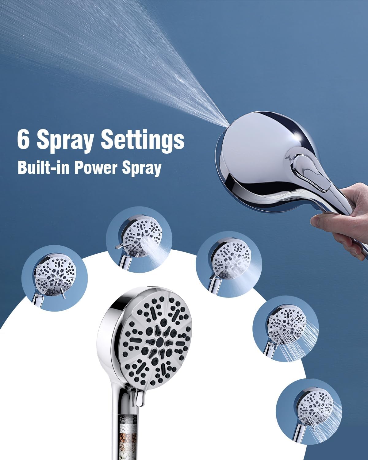 Filtered Shower Head with Handheld, BOWGER 6 Modes High Pressure Shower Heads with Power Wash Mode and Hard Water Filter, Detachable Hand Held Showerhead Set with Extra Long Hose, Chrome