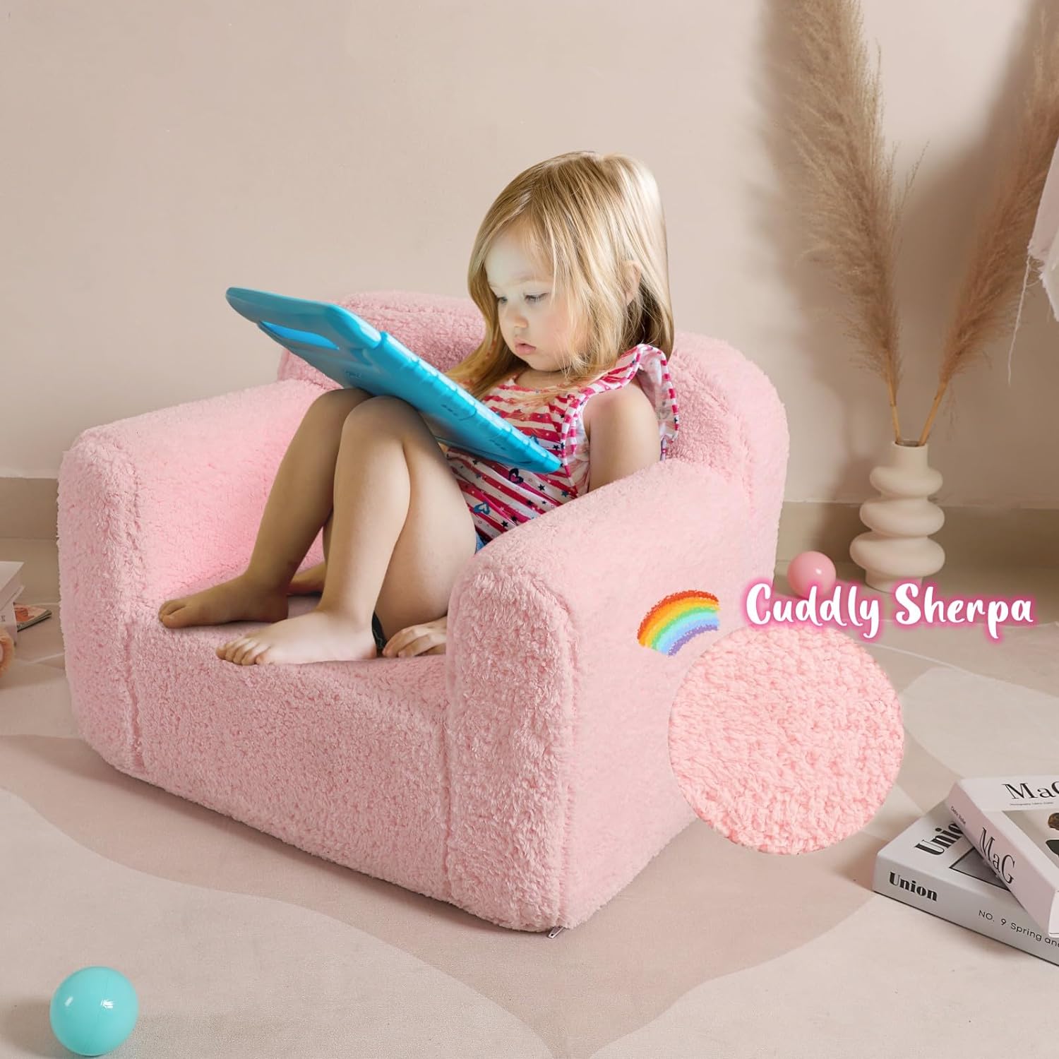 MOMCAYWEX Kids Snuggly-Soft Sherpa Chair, Cuddly Toddler Foam Chair for Boys and Girls, Pink