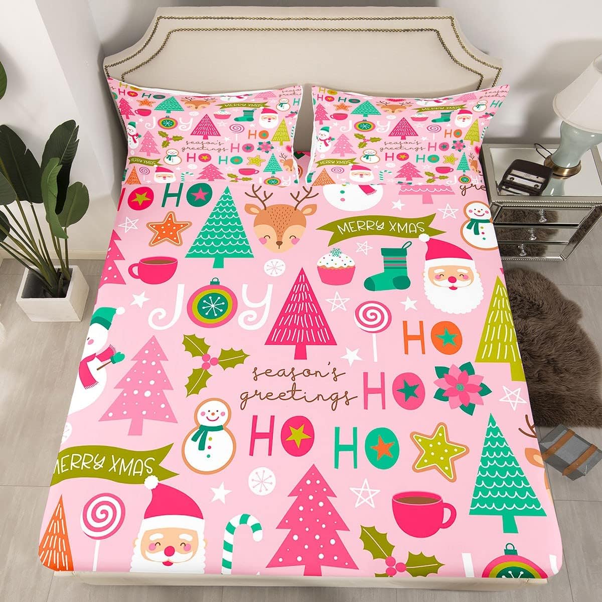 Erosebridal Pink Christmas Fitted Sheet Full, Cartoon Santa Claus Bedding Set for Kids Boys Girls Women Bedroom, Snowman Pine Bed Sheets Christmas Tree Deer Bedding Decor Set Xmas Decor,2 Pillowcases