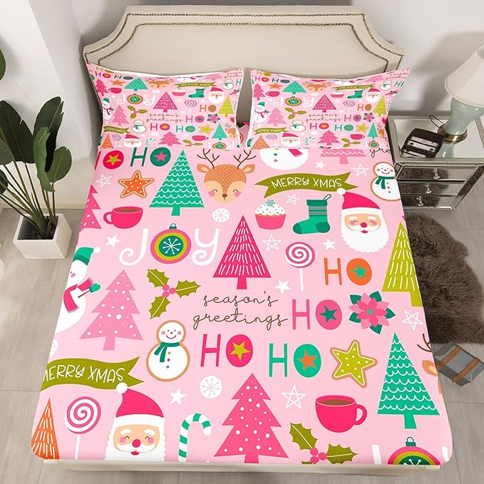 Erosebridal Pink Christmas Fitted Sheet Full, Cartoon Santa Claus Bedding Set for Kids Boys Girls Women Bedroom, Snowman Pine Bed Sheets Christmas Tree Deer Bedding Decor Set Xmas Decor,2 Pillowcases