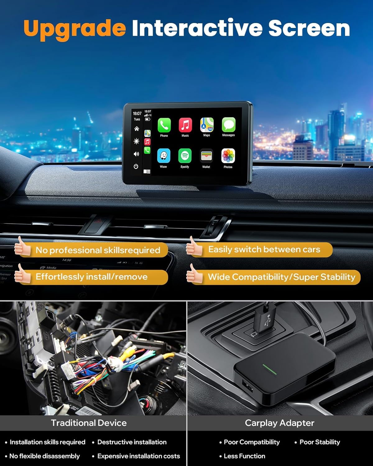 LAMTTO Portable Wireless Carplay & Android Auto with Backup Camera,7" HD IPS Drive Carplay Screen for Cars,Car Radio Receiver with Mirror Link,Bluetooth,GPS Navigation,AUX,Voice Control