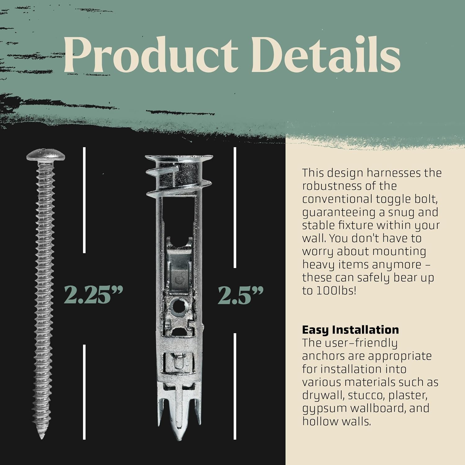 Self Drilling Easy Anchor Toggle Bolts | Extra Zinc Coating | Hang in Gypsom, Sheetrock, Hollow Wall, Ceiling Tile, | (#8 x 2-1/2") 20 Pack Heavy Duty Toggle Anchors | Holds 100lbs